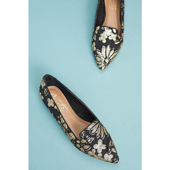 Nanette Lepore Shoes - Nanette Lepore Alanis Ballet Flats Womens 8.5M‎ Black Gold Floral Sequins Artsy